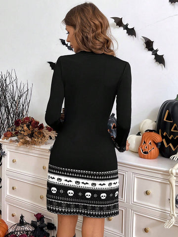 Halloween Print Pleated Hem Fitted Dress