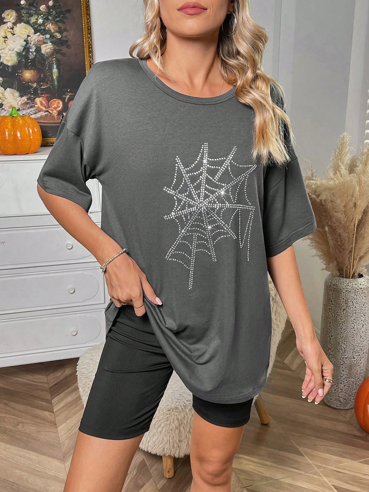 Halloween Spider Web Print Drop Shoulder Tee