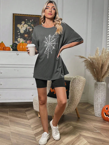 Halloween Spider Web Print Drop Shoulder Tee