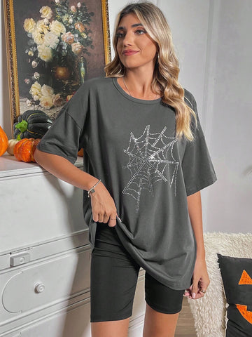 Halloween Spider Web Print Drop Shoulder Tee