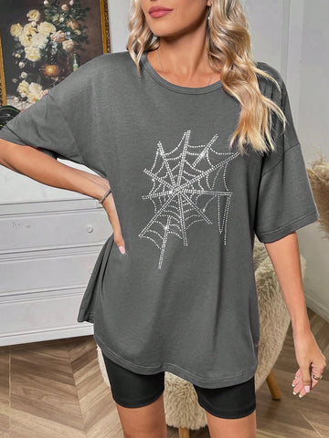 Halloween Spider Web Print Drop Shoulder Tee