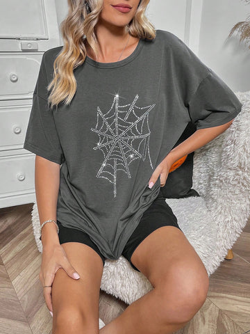 Halloween Spider Web Print Drop Shoulder Tee
