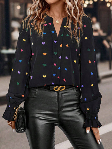 LUNE Heart Pattern V-Neck Casual Long Sleeve Shirt
