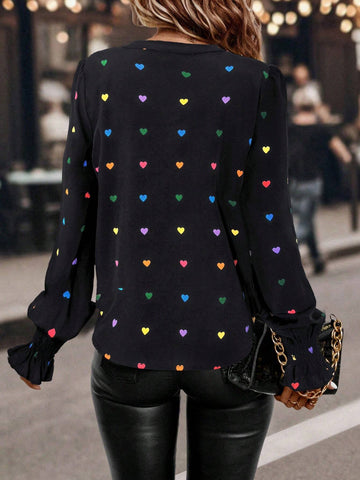 LUNE Heart Pattern V-Neck Casual Long Sleeve Shirt