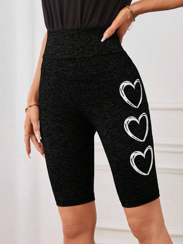 Heart Print Wideband Waist Biker Shorts