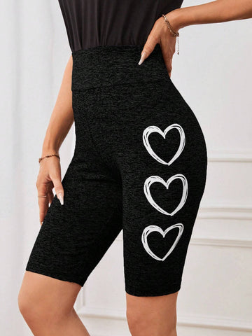 Heart Print Wideband Waist Biker Shorts