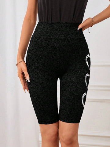 Heart Print Wideband Waist Biker Shorts