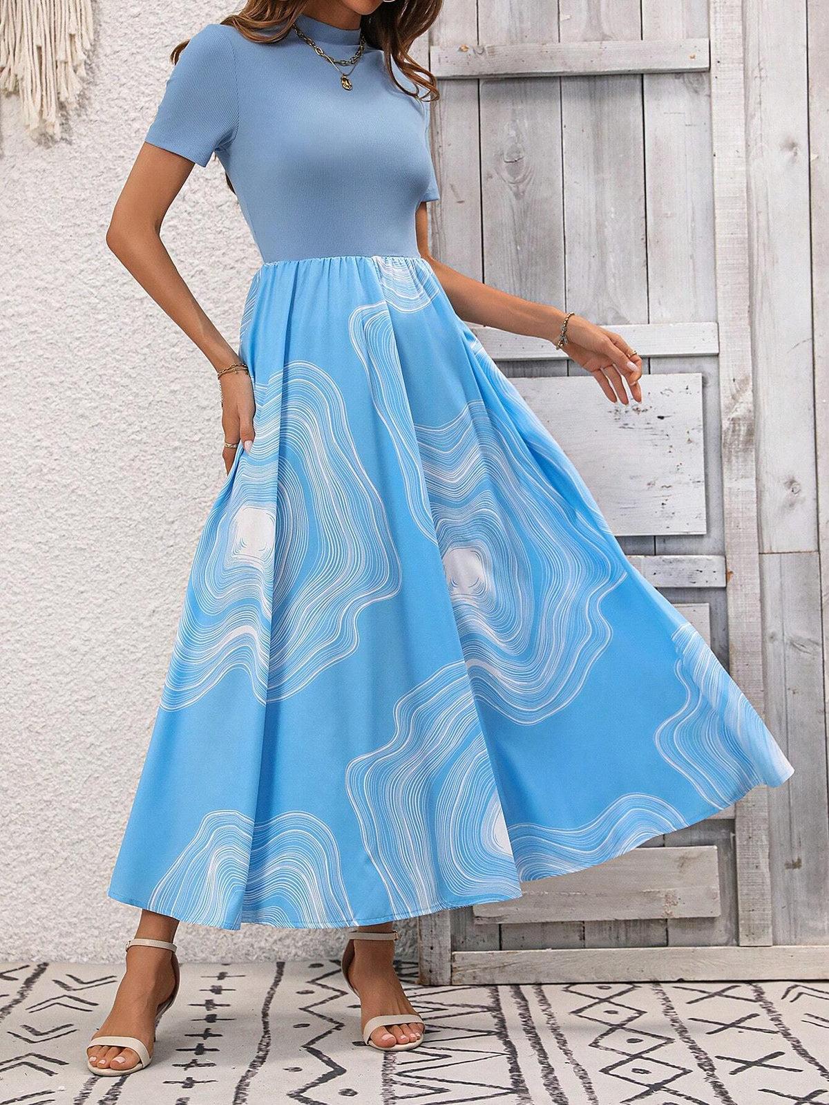 High-Neck Short Sleeve Marble Print Dress