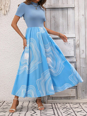 High-Neck Short Sleeve Marble Print Dress
