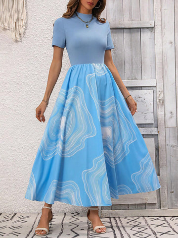 High-Neck Short Sleeve Marble Print Dress