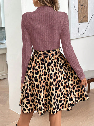 High Neck Ruffled Collar Contrast Color Patchwork Retro Leopard Print A-Line Swing Dress With