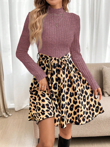 High Neck Ruffled Collar Contrast Color Patchwork Retro Leopard Print A-Line Swing Dress With