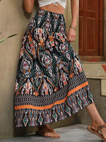 LUNE High Waist Graphic Print Ruffle Hem Skirt