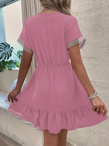 Holiday Casual Color Block Lace Patchwork Batwing Sleeve Dress