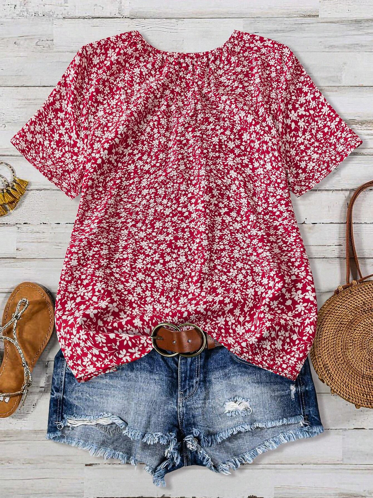 LUNE Holiday Casual Ruched Round Neck Floral Shirt