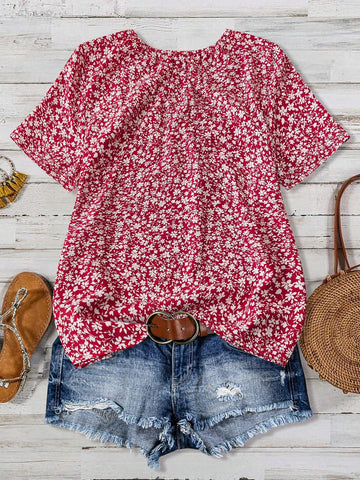 LUNE Holiday Casual Ruched Round Neck Floral Shirt