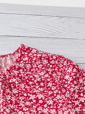 LUNE Holiday Casual Ruched Round Neck Floral Shirt