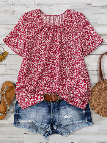 LUNE Holiday Casual Ruched Round Neck Floral Shirt