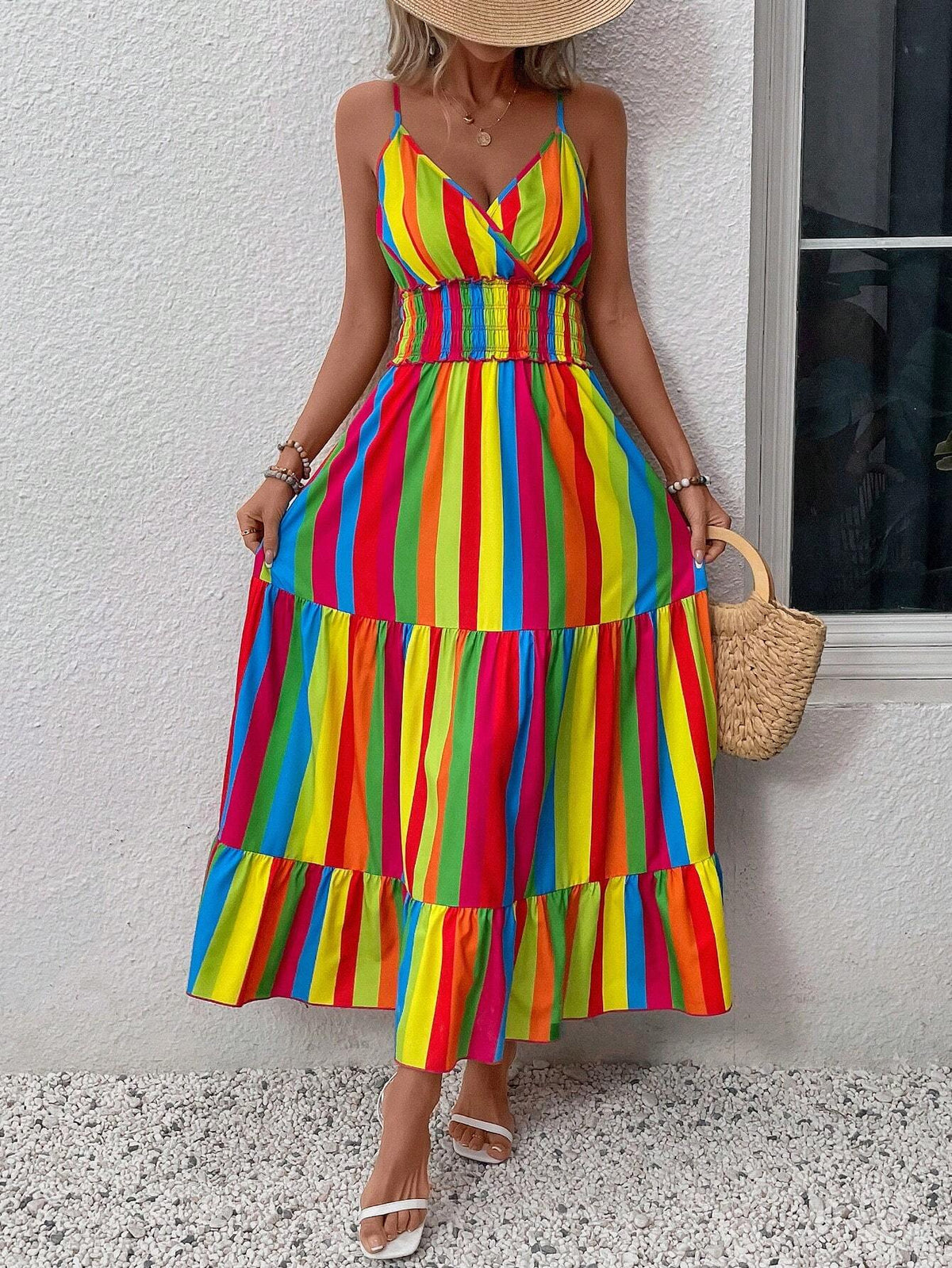 Holiday Casual Striped Color Block Straps Maxi Dress With Gathered Waist