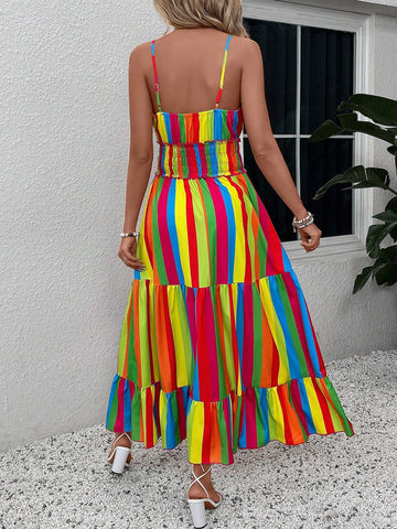 Holiday Casual Striped Color Block Straps Maxi Dress With Gathered Waist