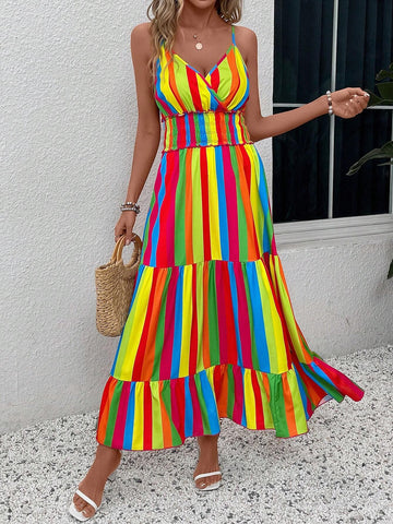 Holiday Casual Striped Color Block Straps Maxi Dress With Gathered Waist