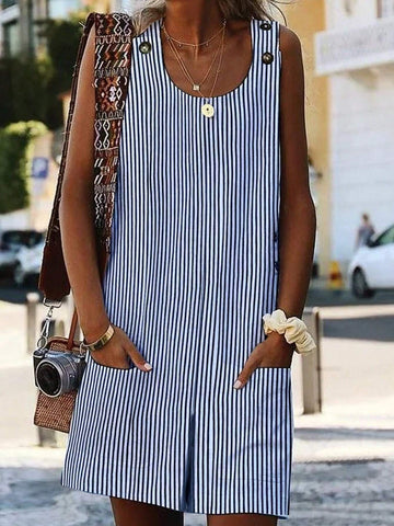 Holiday Casual Striped Round Neck Sleeveless Jumpsuit With Dual Pockets