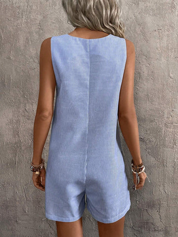 Holiday Casual Striped Round Neck Sleeveless Jumpsuit With Dual Pockets