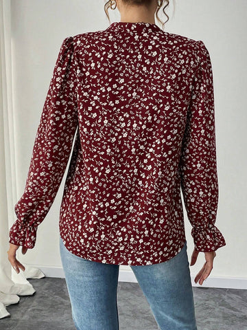 LUNE Holiday Elegant Red Ditsy Floral V-Neck Lantern Sleeve Loose Regular Blouse For Women, Autumn