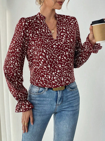 LUNE Holiday Elegant Red Ditsy Floral V-Neck Lantern Sleeve Loose Regular Blouse For Women, Autumn