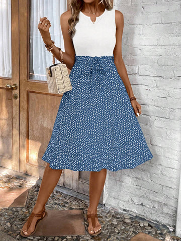 Holiday Leisure Color Block Printed Patchwork Sleeveless Dress