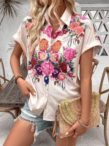 LUNE Holiday Style Floral Printed Batwing Sleeve Shirt For Summer