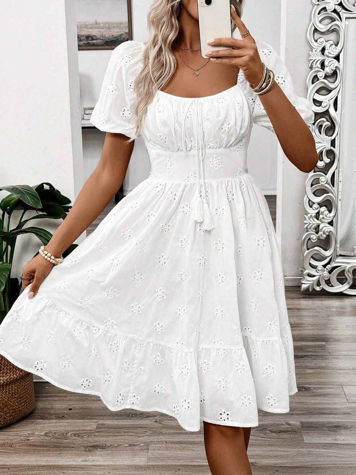 Holiday & Casual Solid Color Hollow Out Embroidered Bubble Sleeve Waist-Cinched Dress