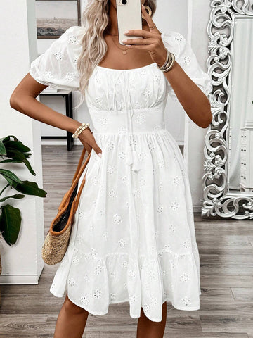 Holiday & Casual Solid Color Hollow Out Embroidered Bubble Sleeve Waist-Cinched Dress