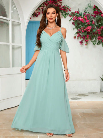 Hollow Out Shoulder Chiffon Bridesmaid Dress
