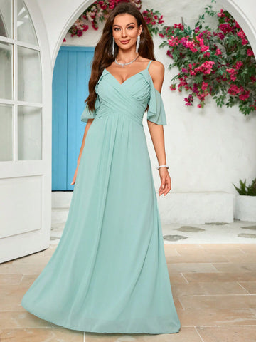 Hollow Out Shoulder Chiffon Bridesmaid Dress
