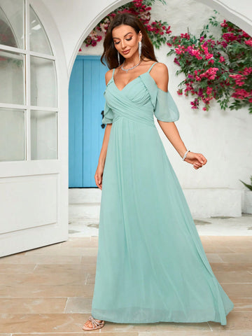 Hollow Out Shoulder Chiffon Bridesmaid Dress