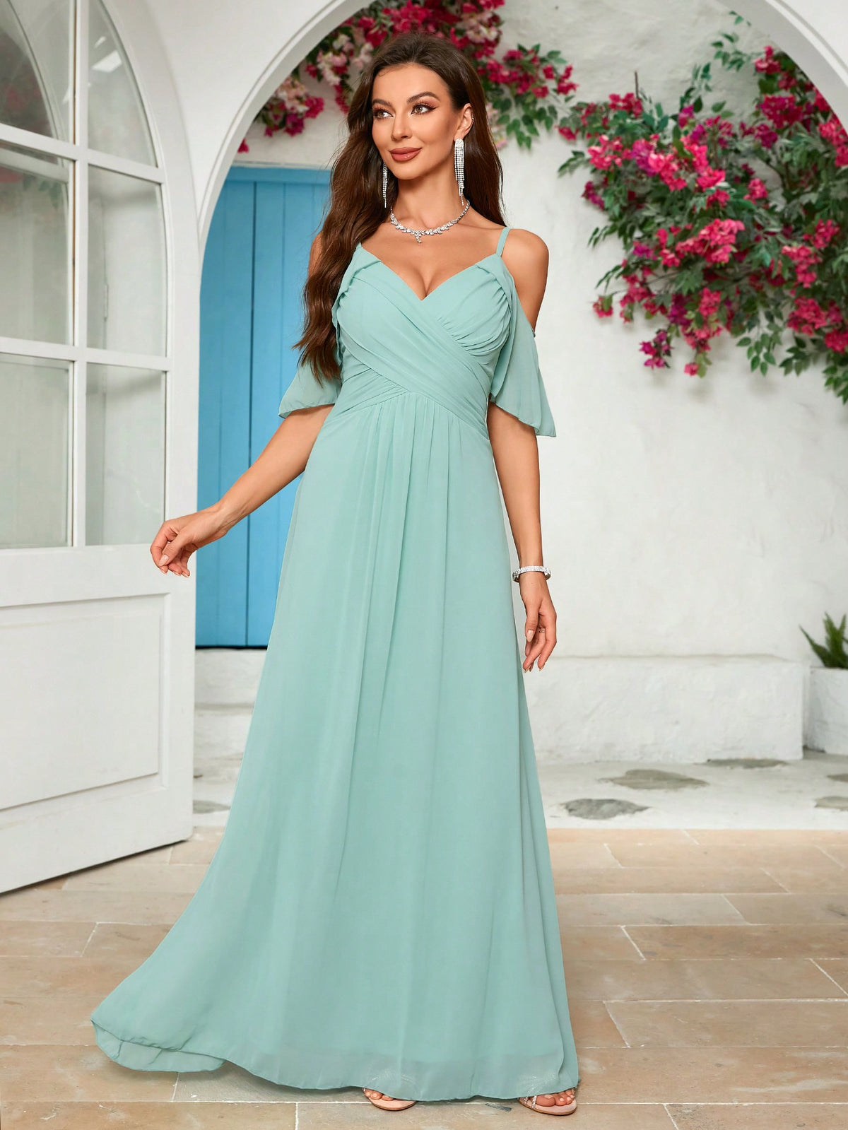 Hollow Out Shoulder Chiffon Bridesmaid Dress