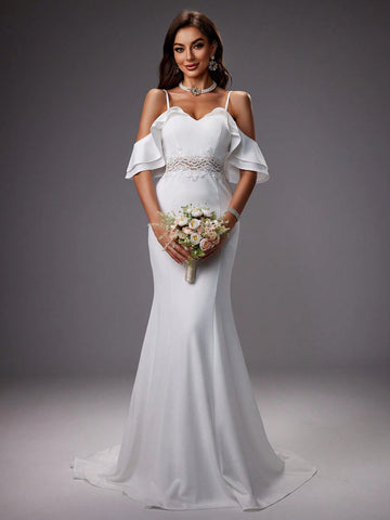 Hollow Out Shoulder Lace Insert Mermaid Wedding Dress