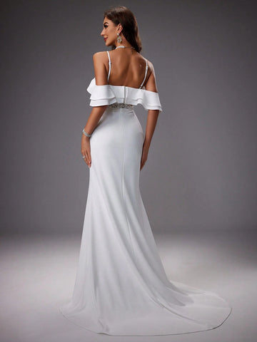 Hollow Out Shoulder Lace Insert Mermaid Wedding Dress