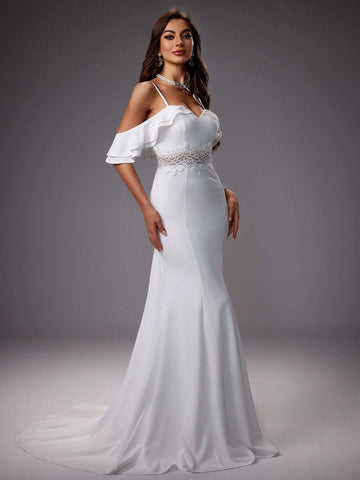 Hollow Out Shoulder Lace Insert Mermaid Wedding Dress