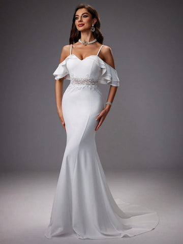 Hollow Out Shoulder Lace Insert Mermaid Wedding Dress