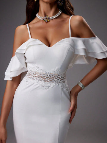 Hollow Out Shoulder Lace Insert Mermaid Wedding Dress