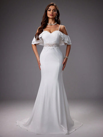 Hollow Out Shoulder Lace Insert Mermaid Wedding Dress
