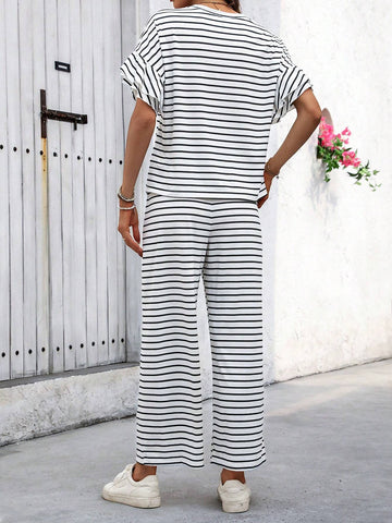Knitted Stripe Loose Casual Top And Wide Leg Pants Set