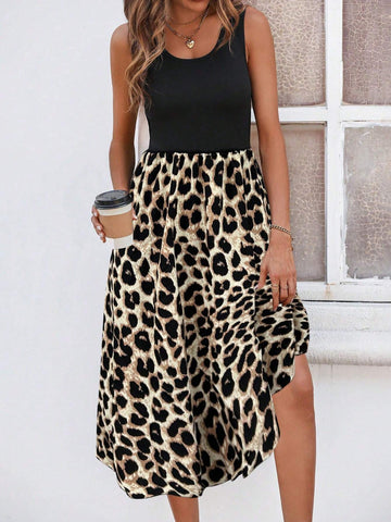 LUNE Leopard Print Patchwork Women's Dress