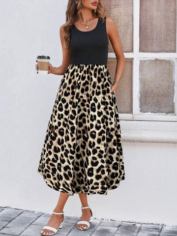 LUNE Leopard Print Patchwork Women's Dress