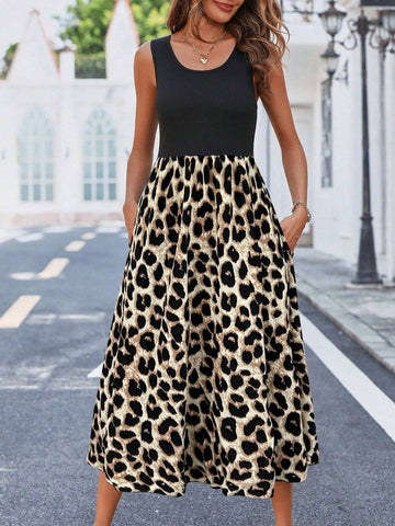 LUNE Leopard Print Patchwork Women's Dress
