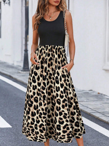 LUNE Leopard Print Patchwork Women's Dress