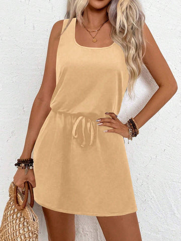 LUNE Solid Color Sleeveless Tied Waist Women's Dress
