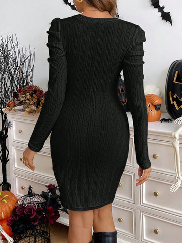 LUNE Solid Puff Sleeve Fitted Dress